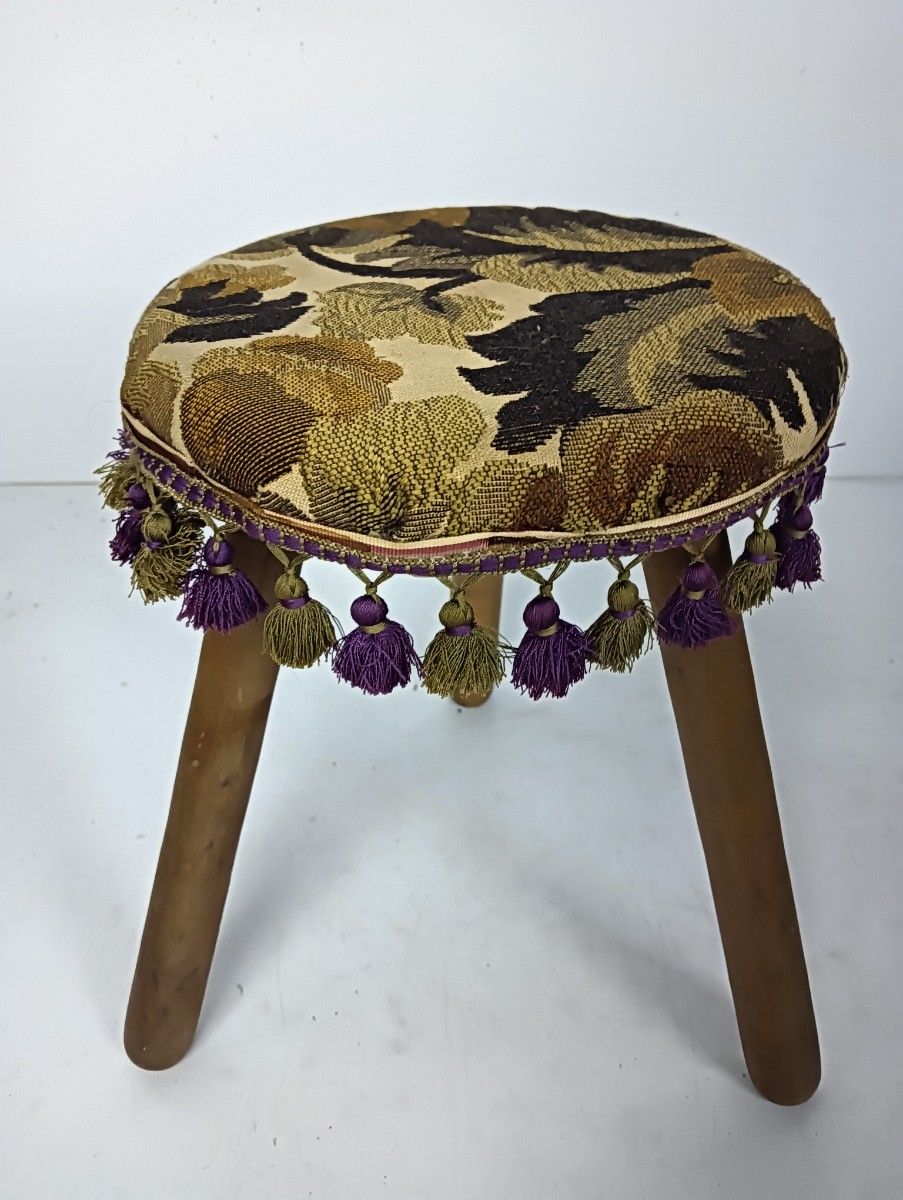 Hand Carved Wood Milking Stool Pedestal Table Pedestal Barn Style With Fabric On photo furniture