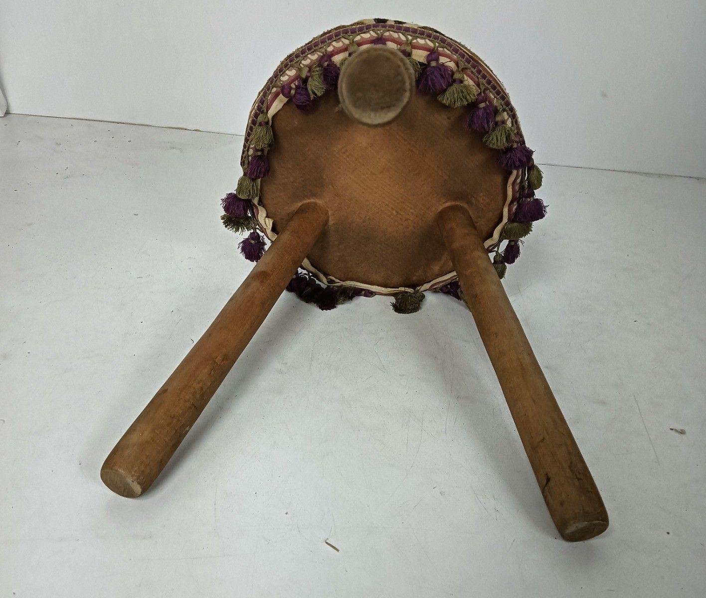 Hand Carved Wood Milking Stool Pedestal Table Pedestal Barn Style With Fabric On photo for sale