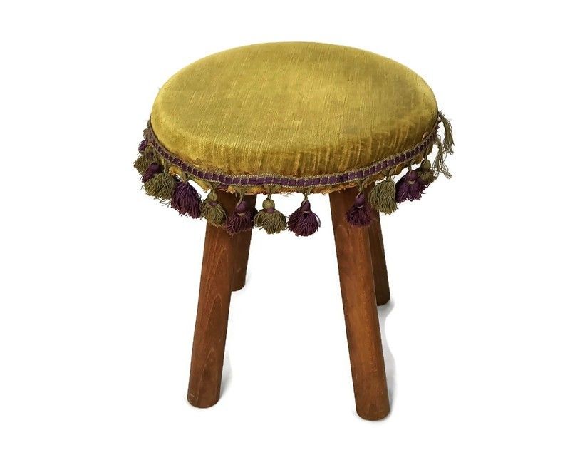 Hand Carved Wood Milking Stool Pedestal Table Pedestal Barn Style Green Fabric O