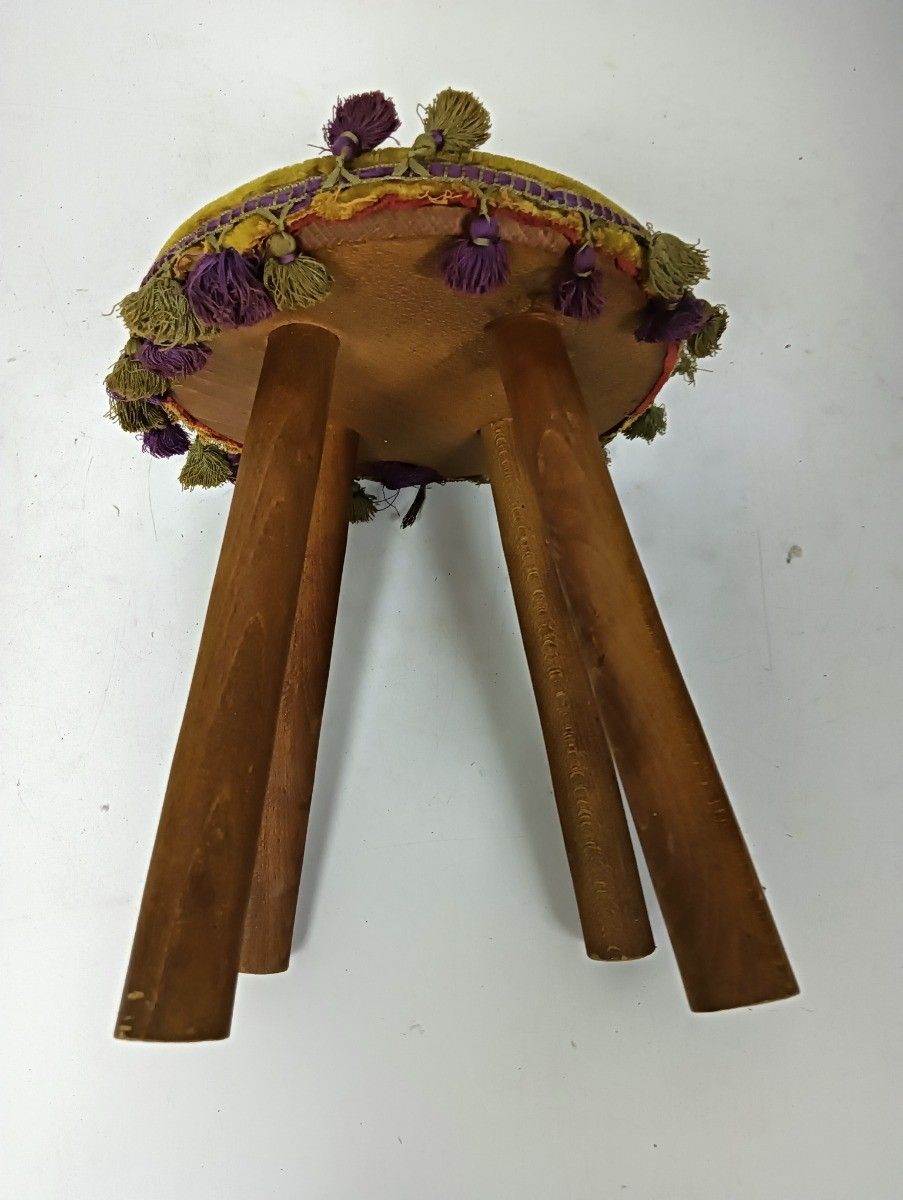 Hand Carved Wood Milking Stool Pedestal Table Pedestal Barn Style Green Fabric O photo furniture