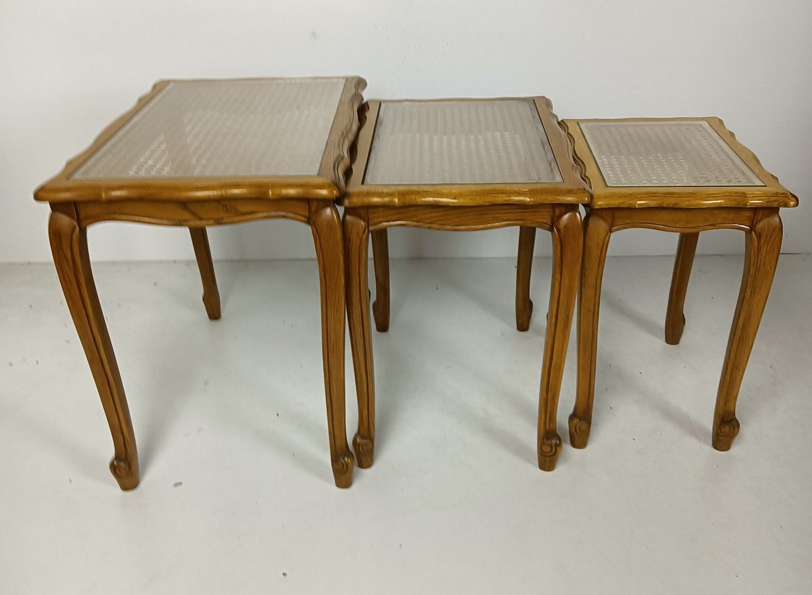 Set Of 3 Wooden Nesting Stacking Side Tables Rush Glass Barn Country Farmhouse S photo furniture