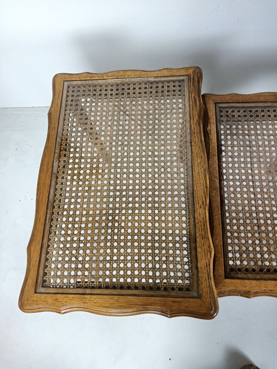 Set Of 3 Wooden Nesting Stacking Side Tables Rush Glass Barn Country Farmhouse S photo for sale