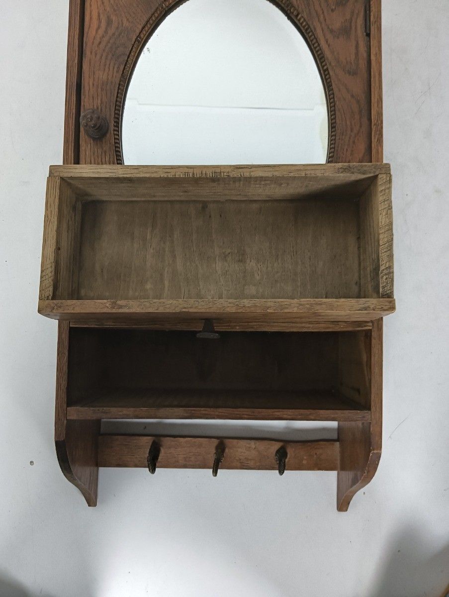 Medicine Cabinet  Wood Antique Apothecary Kitchen Bathroom Farmhouse Oval Mirror photo furniture