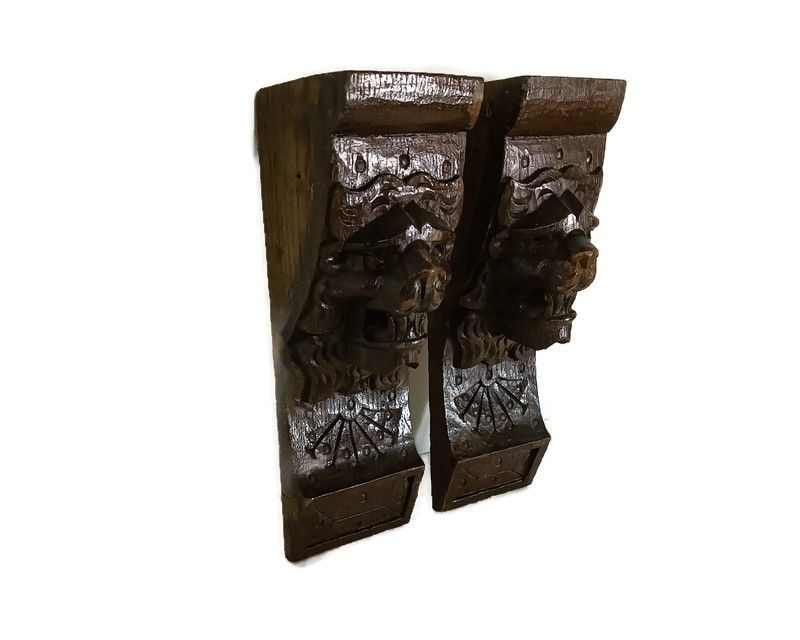 Antique Pair Corbels Hand Carved Wood Architectural Reclaimed Loon Heads Trims L