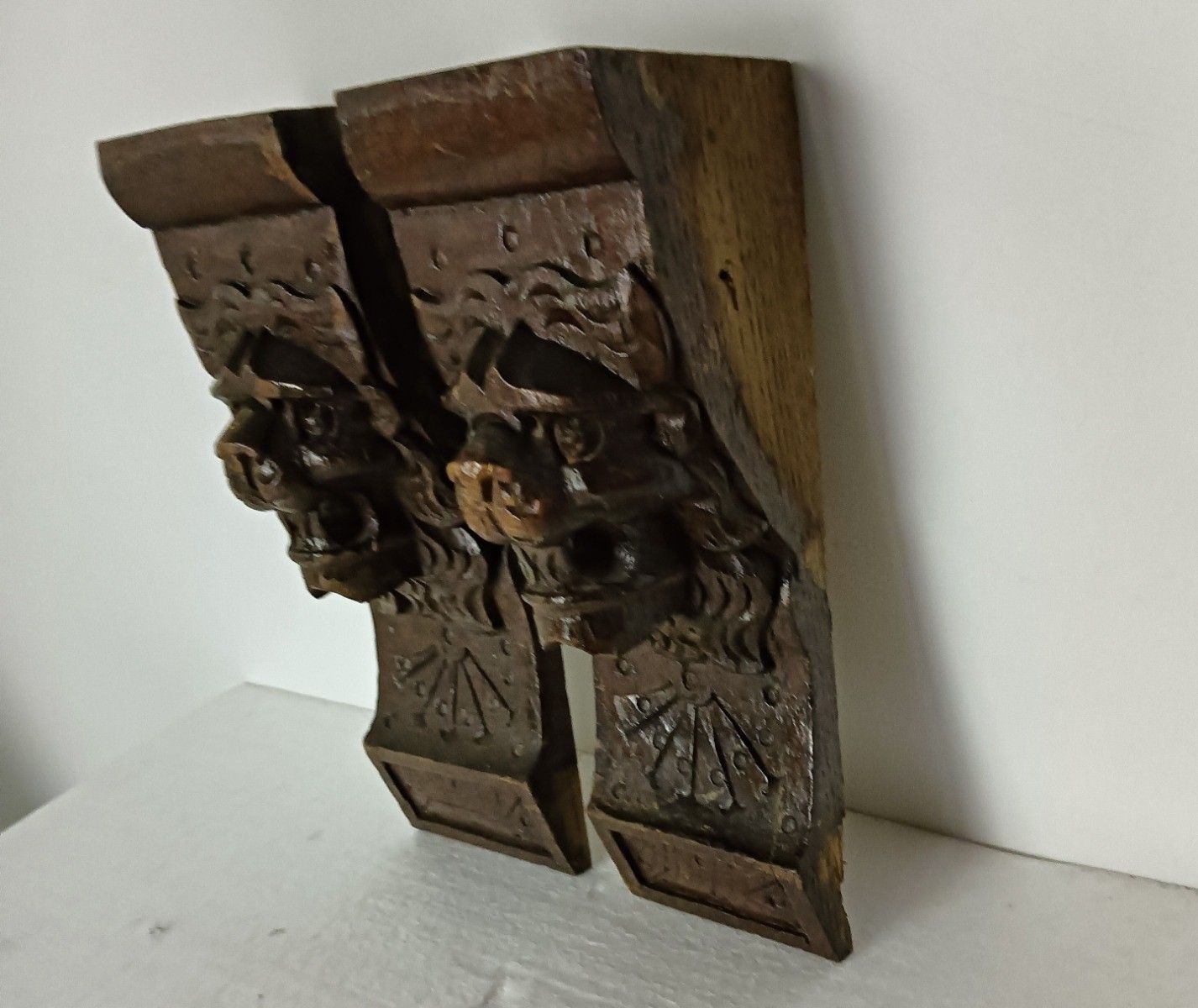 Antique Pair Corbels Hand Carved Wood Architectural Reclaimed Loon Heads Trims L photo for sale