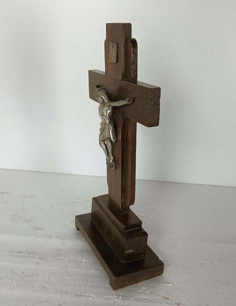 Art Deco Standing Table Crucifix Wood Spelter Corpus Christi Crucifixion Antique photo for sale