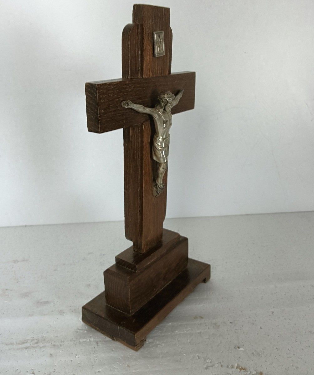 Art Deco Standing Table Crucifix Wood Spelter Corpus Christi Crucifixion Antique photo 139.0