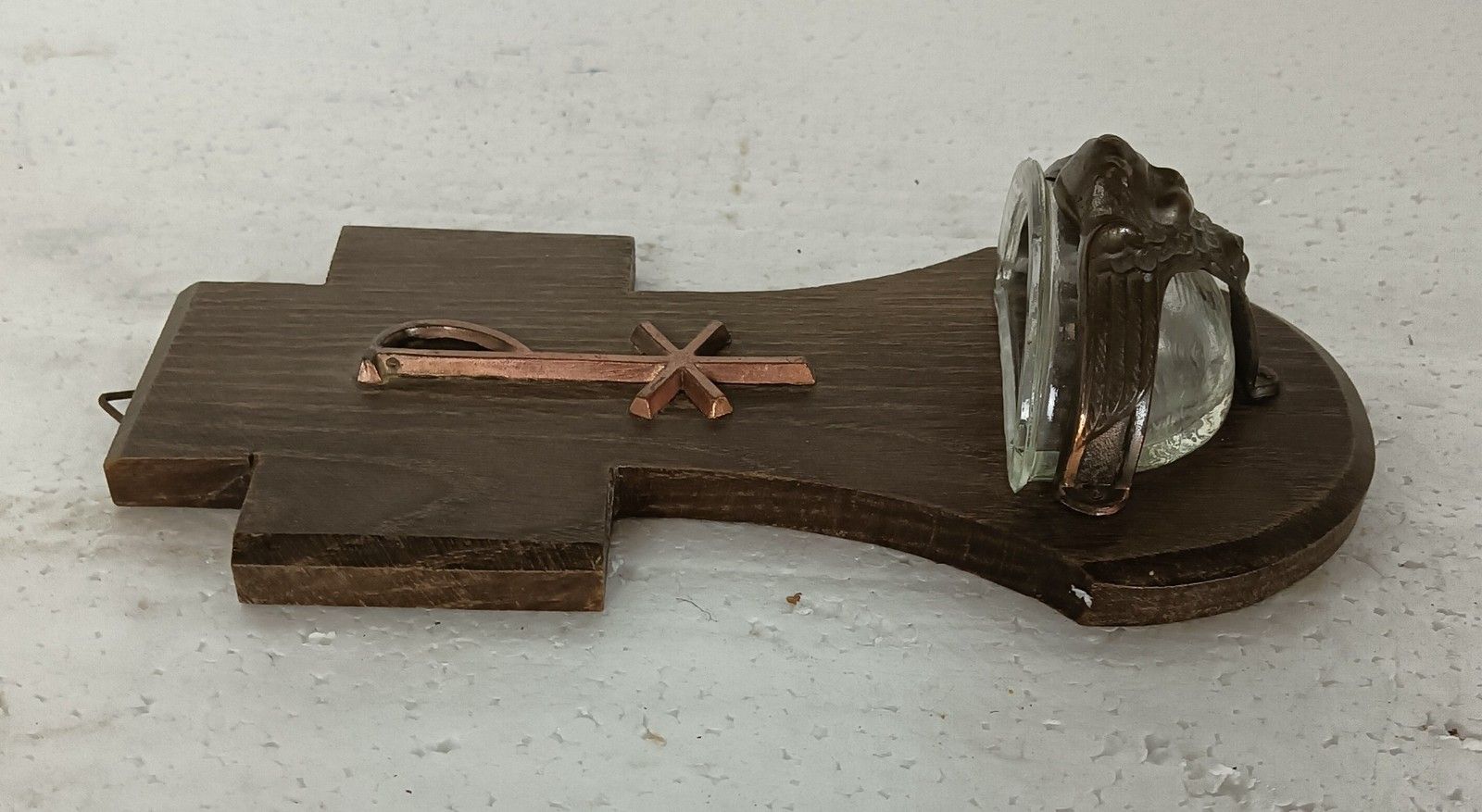 Holy Water Font Vessel Wall Hanging Antique Wood Copper Angels Lovely photo vinterior