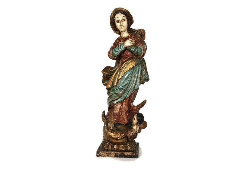 Antique Spanish Wood  Statue Madonna Polychrome Virgin Mary