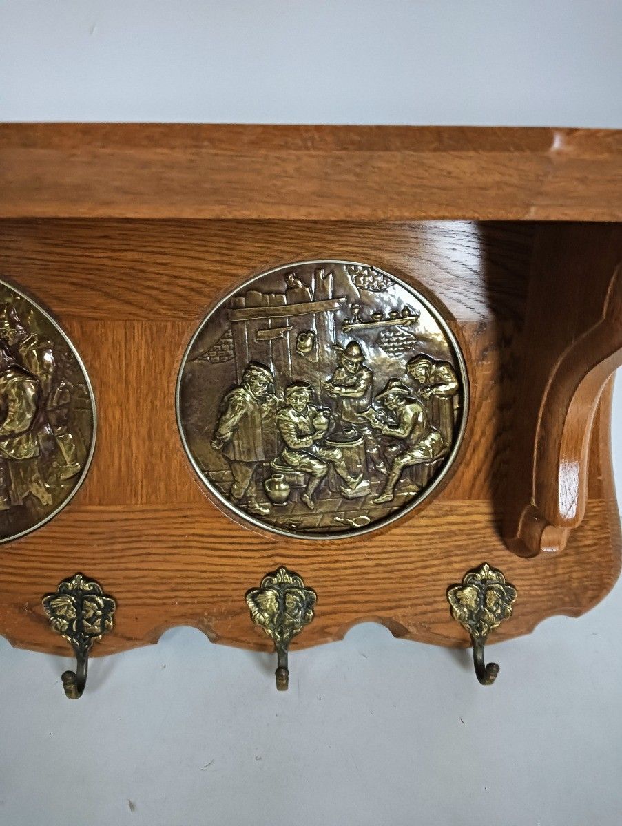 Hand Carved Wood Coat Hat Rack Breughel Style Brueghel Brass Plaques Vintage photo for sale