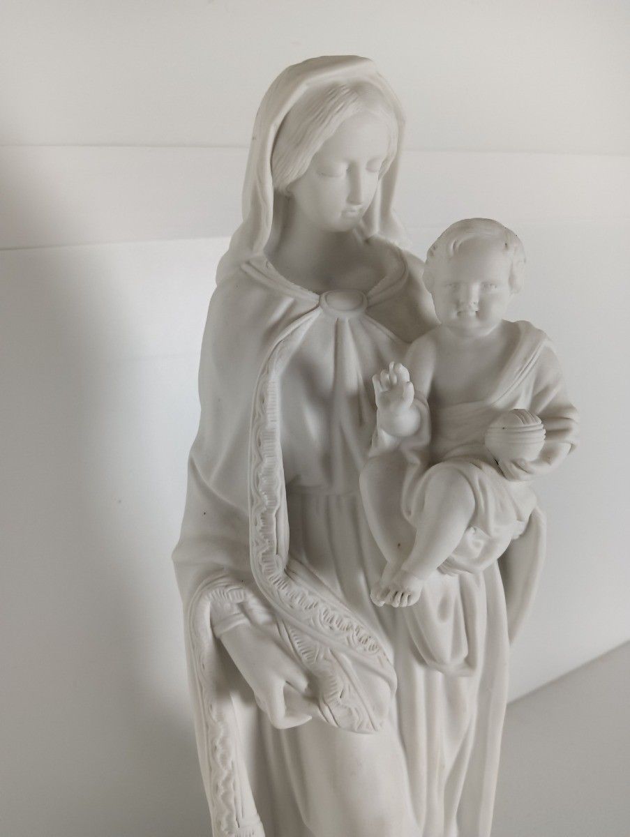 Large Antique French Bisque Porcelain Statue Madonna Virgin Mary Infant Jesus photo for sale