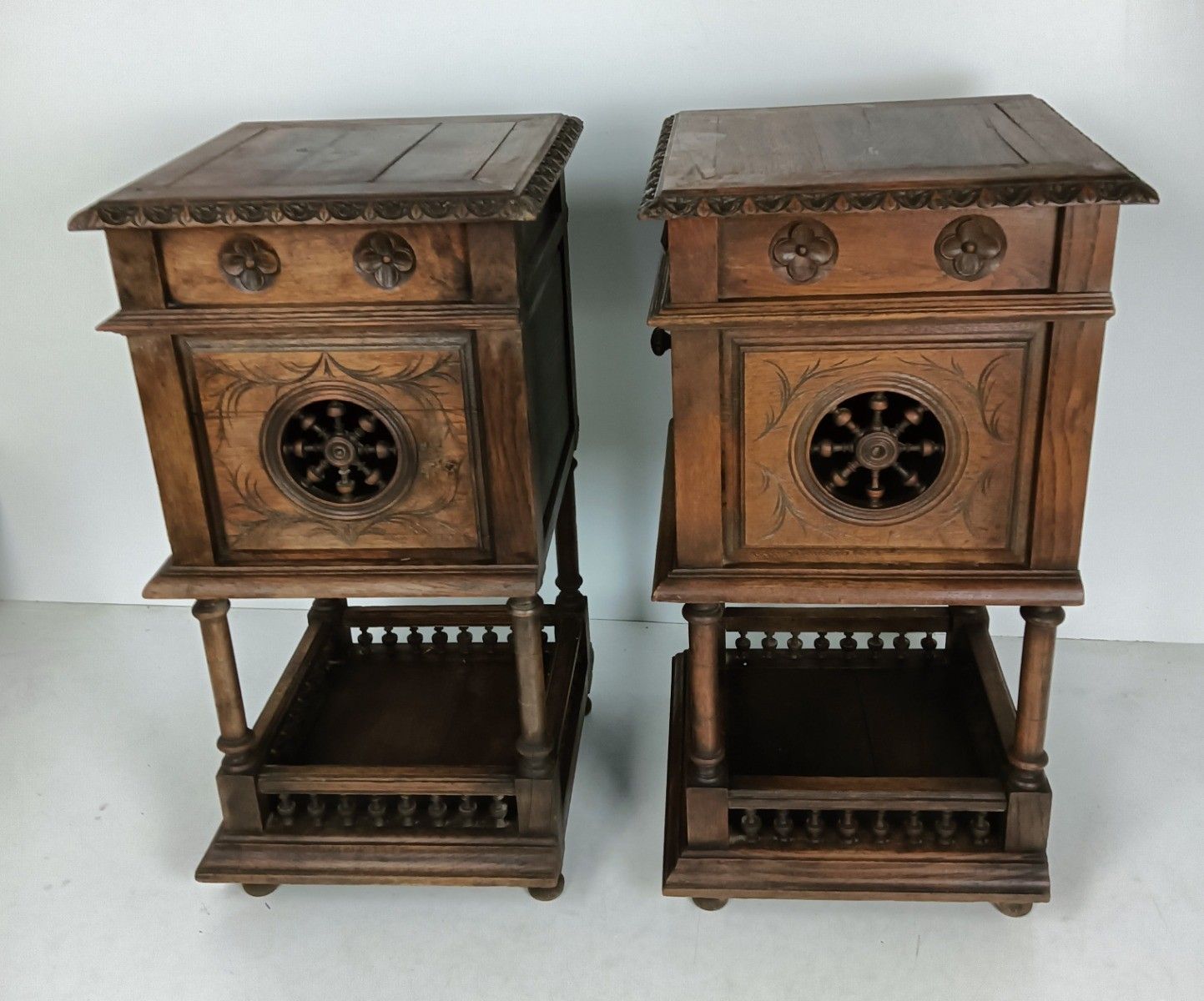 photo for sale Antique Hand Carved Wood Breton France Nightstands End Tables Bedroom Cabinets W