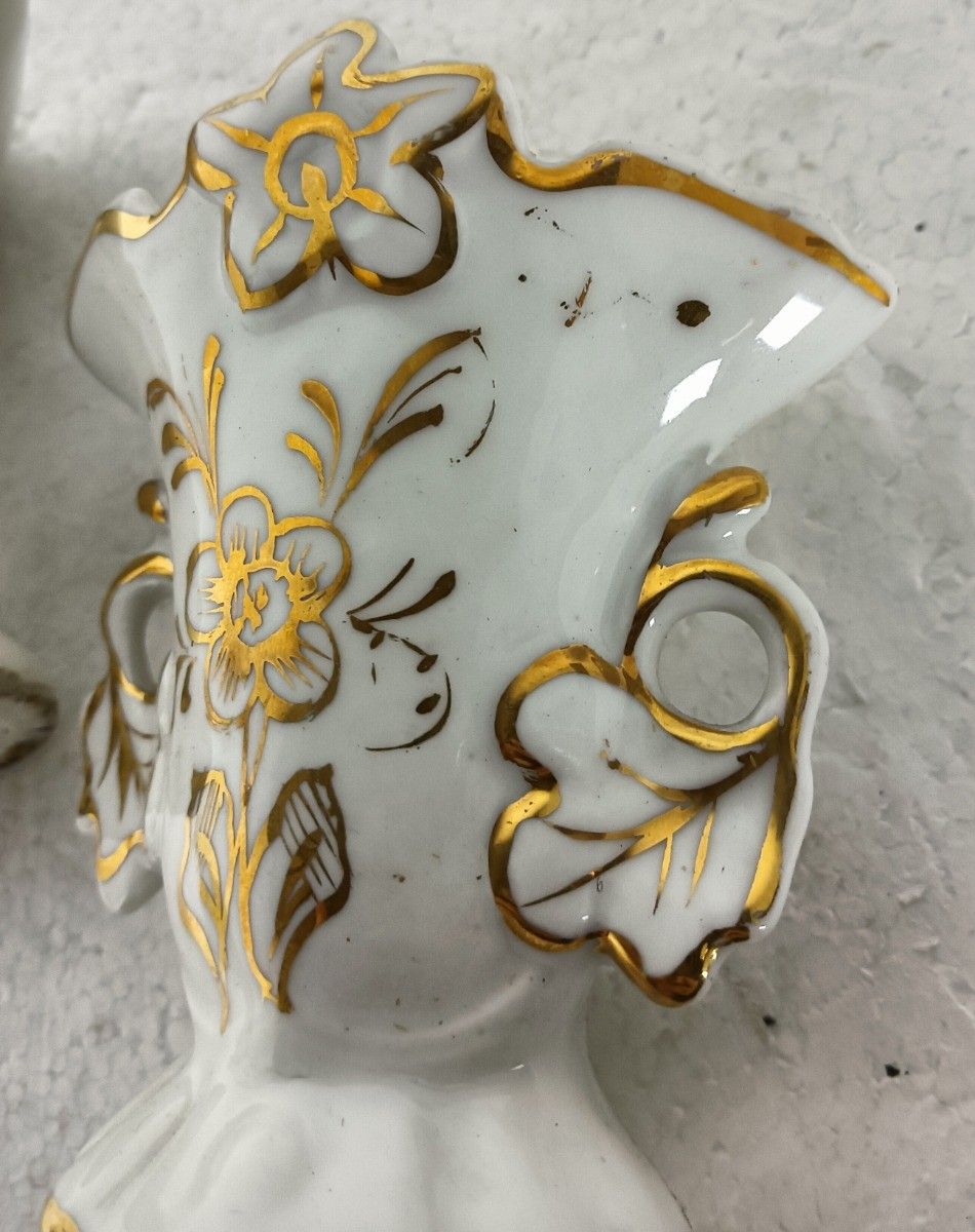 Couple Antique Vieux Paris Porcelain Fan Flair Bridal Vases  France photo 143.0