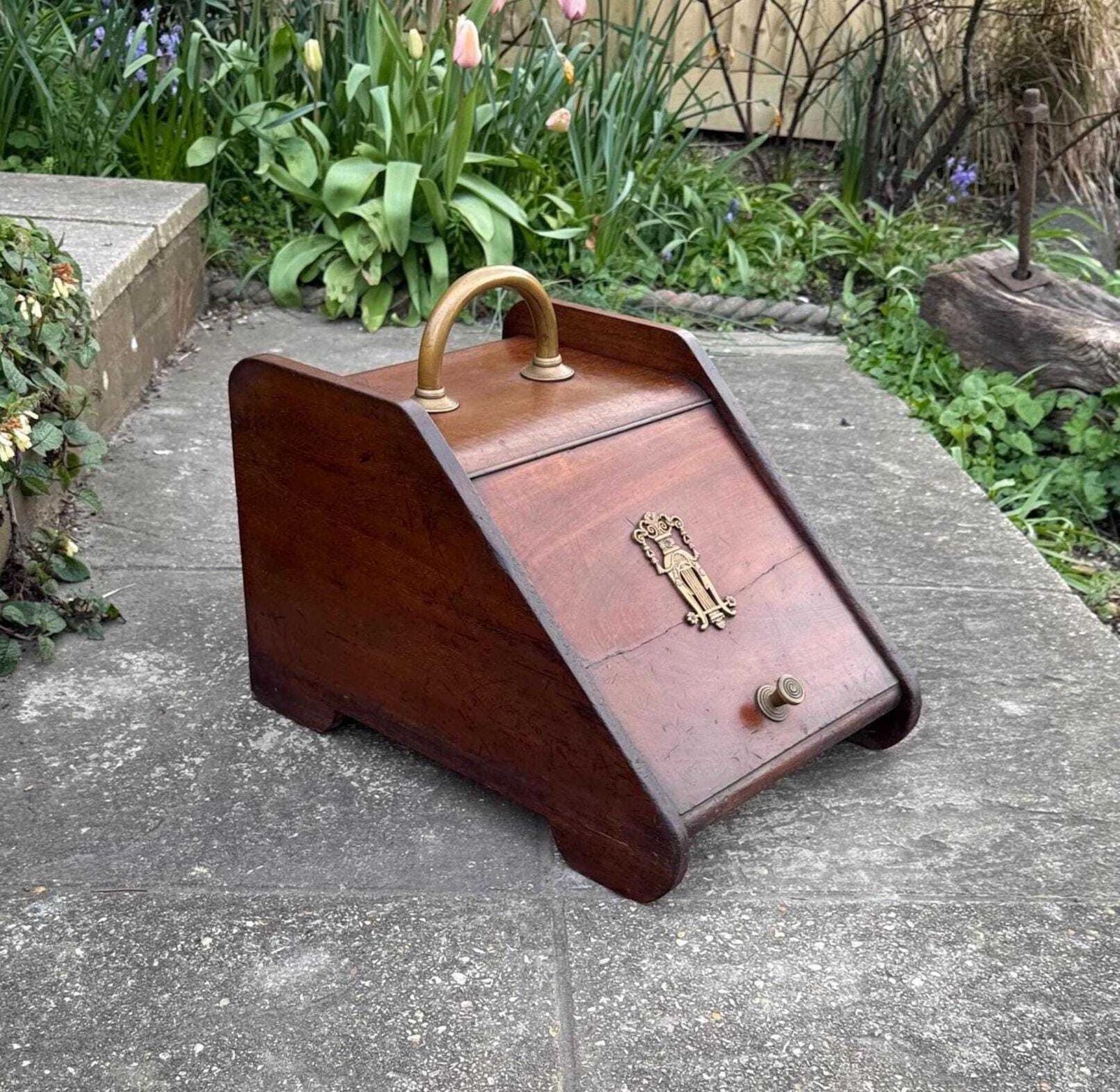 Antique Victorian Wooden Coal Scuttle Brass Fireside Log Storage Box