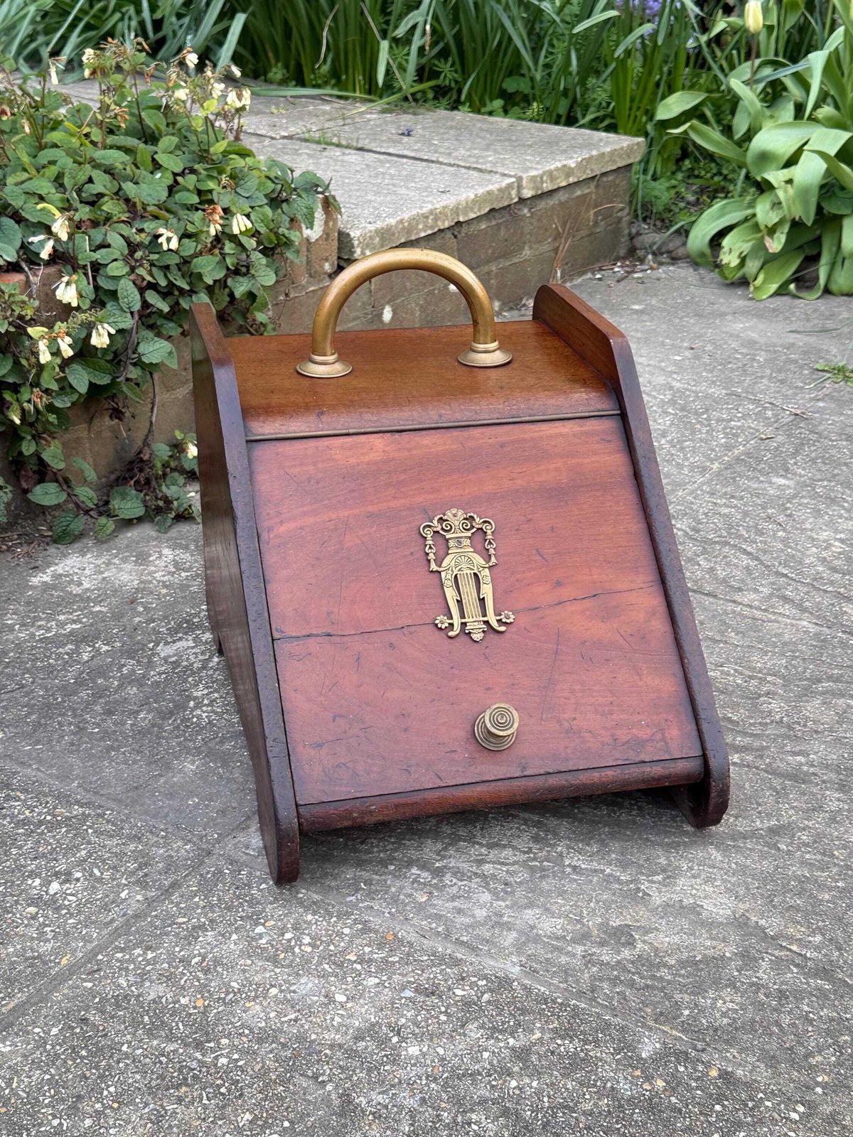 Antique Victorian Wooden Coal Scuttle Brass Fireside Log Storage Box photo for sale