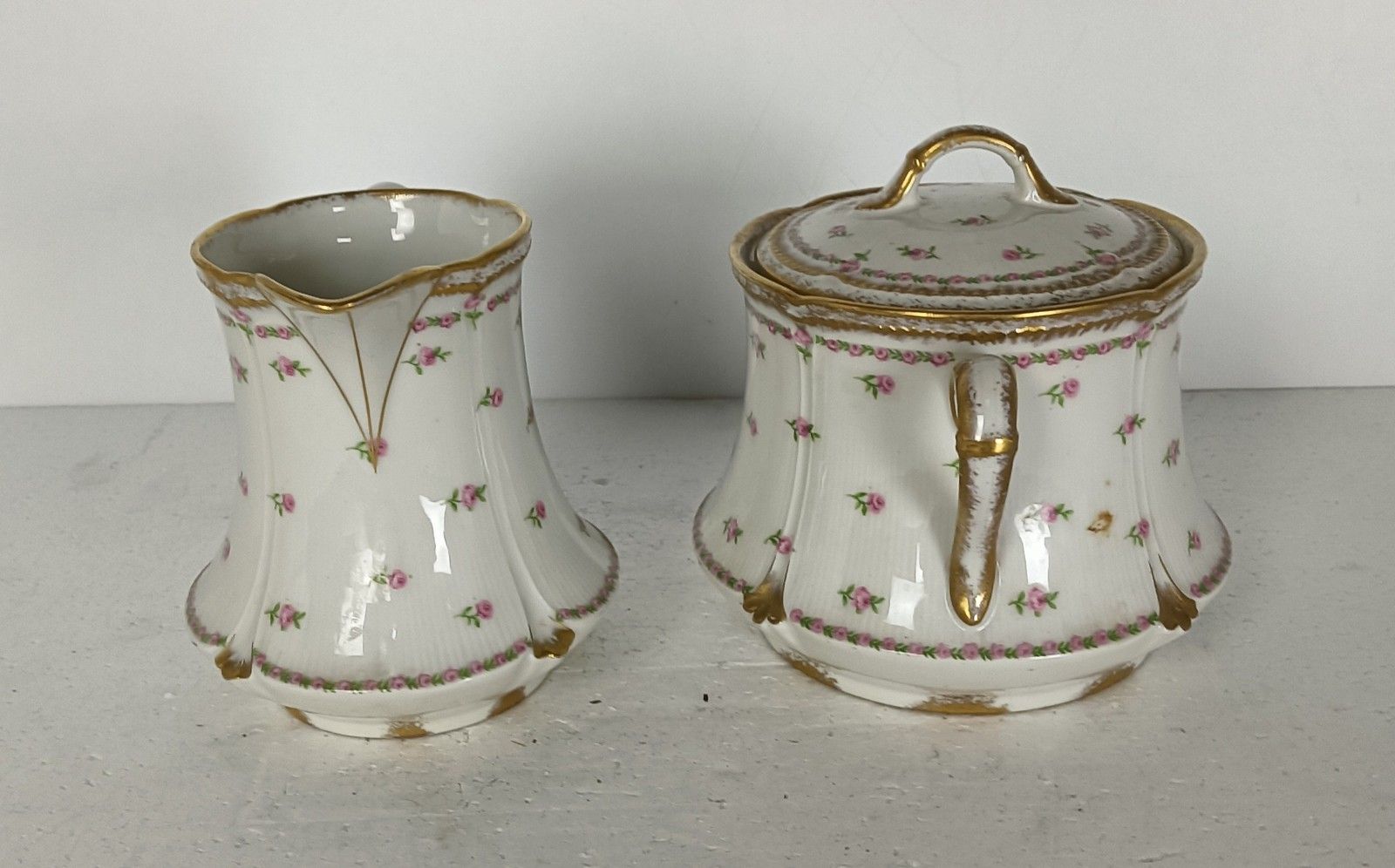 Sugar Bowl Creamer Large Antique Dekor Gilda Limoges Rose Buds Frognet Set Of 2 photo vintage