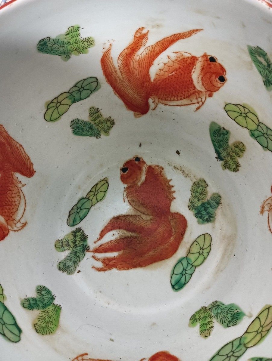 Vintage Chinese Porcelain Enamel Koi Fish Bowl Planter Vase Flowers Cachepot Han photo for sale