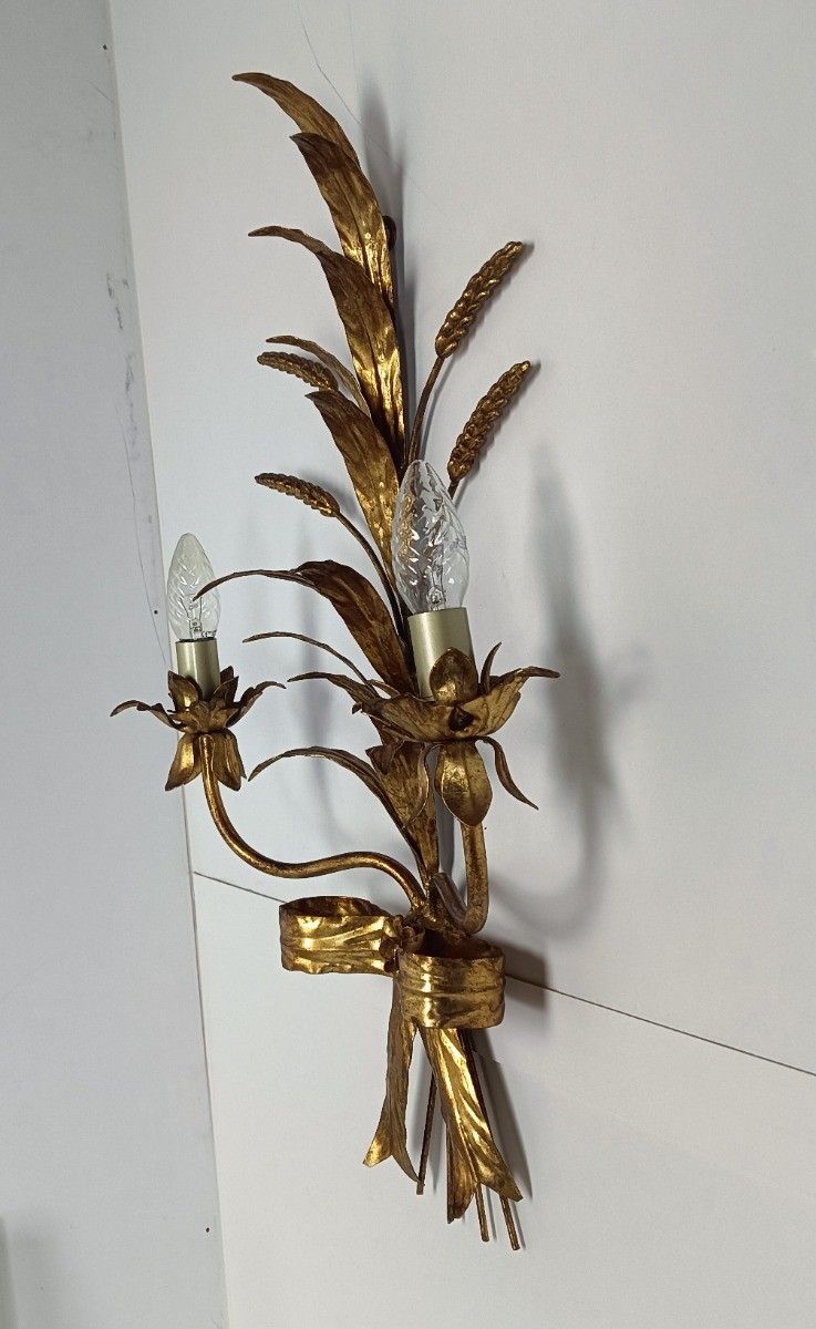 Gilt Metal Sheaf Of Wheat Wall Lamp Sconce By Hans Kogl, 1970s Large photo furniture
