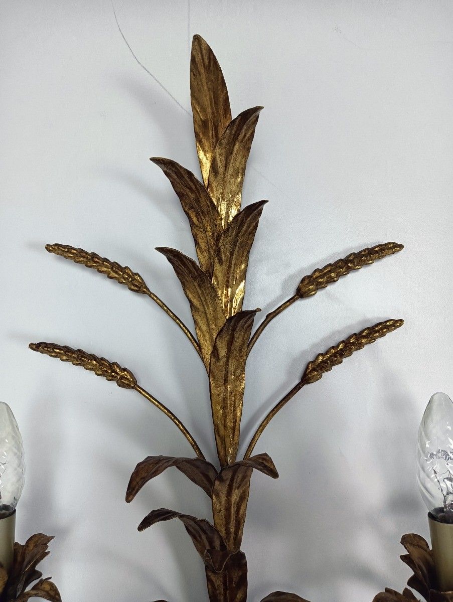 Gilt Metal Sheaf Of Wheat Wall Lamp Sconce By Hans Kogl, 1970s Large photo 604.0
