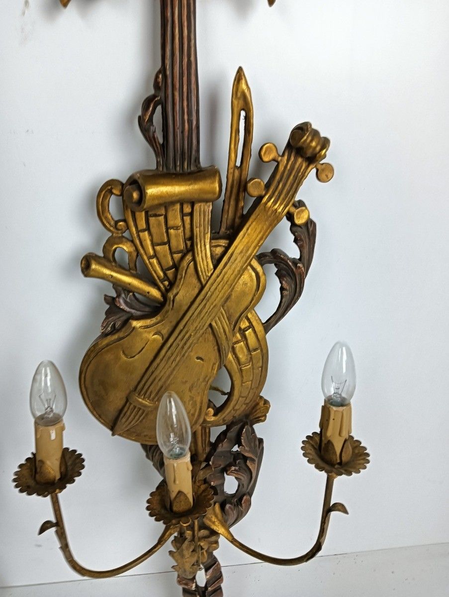 Large Couple Wall Sconces Lamps Sheaf Of Wheat Antique Wood Musical Instrument photo 1565.0