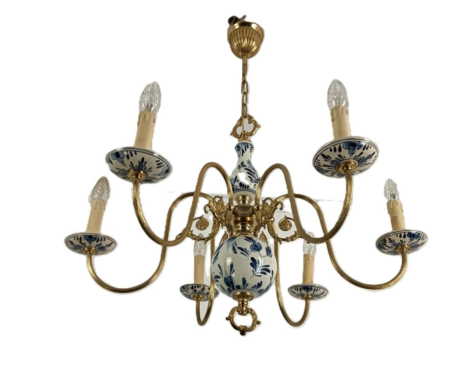 Delft Chandelier Blue White 6 Arm 6 Lights Modernist Vintage Barn Style Porcelai photo for sale