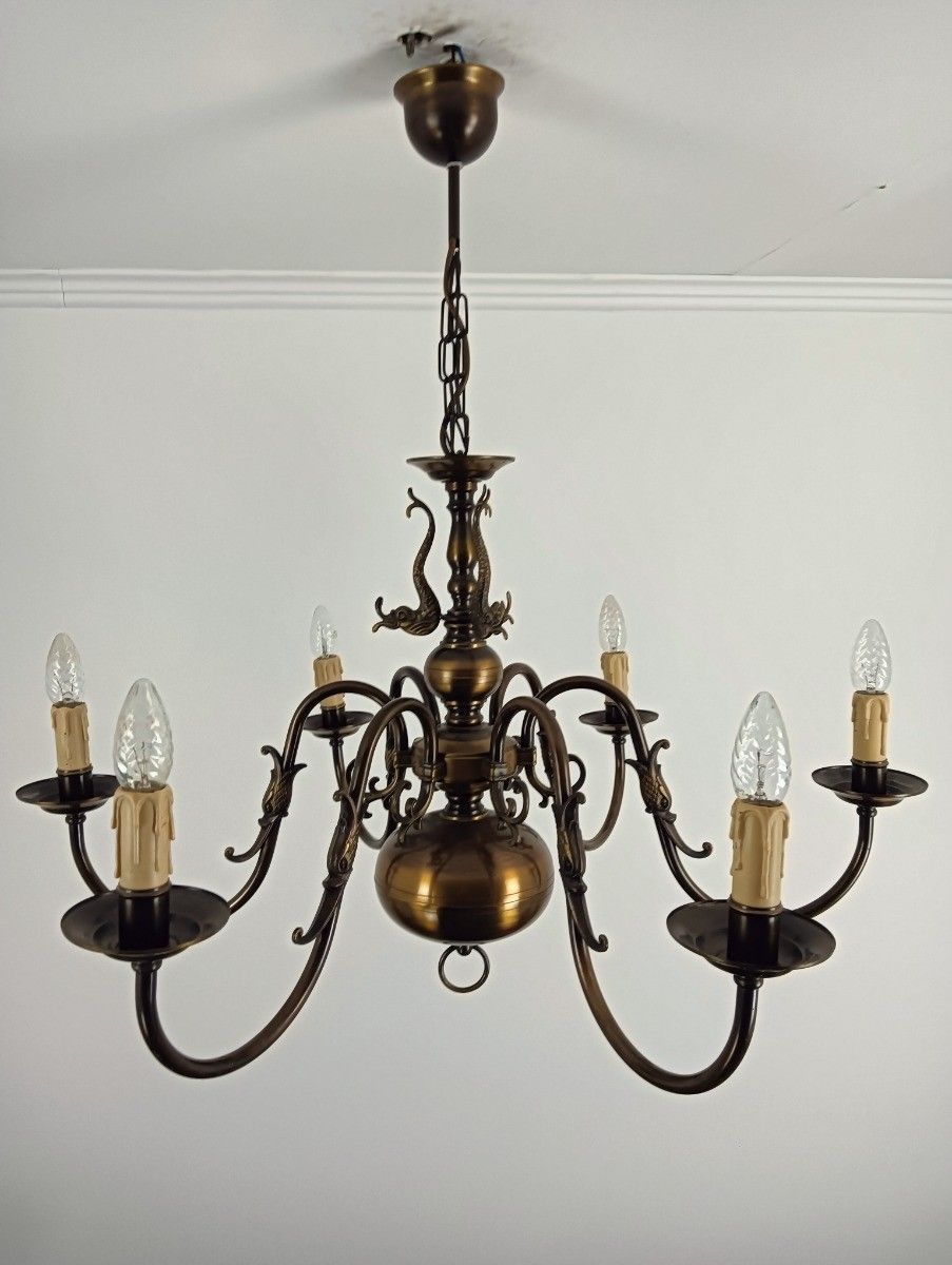 Flemish Dutch Chandelier 6 Arms Lights Brass  Vintage Barn Farmhouse Fixture photo Lighting