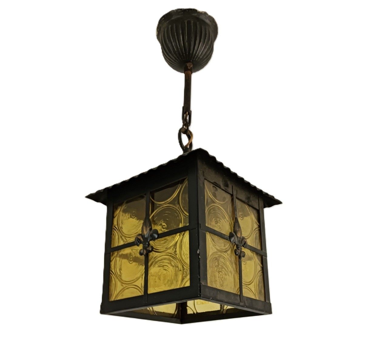 Hall Lamp Chandelier Amber  Glass Wrought Iron Vintage Hanging Light 1 Light Fix