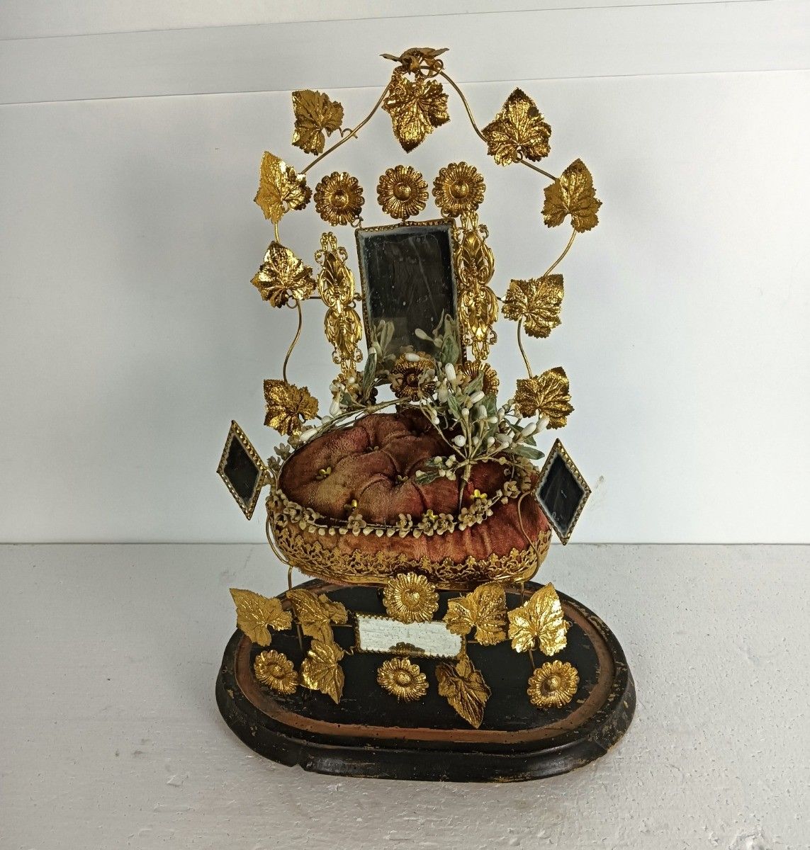 Oval Antique 1800s Victorian French Bridal Wedding Glass Dome Gold Ormulu Gilt L photo furniture