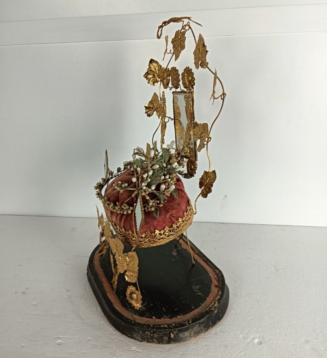 Home Decor Oval Antique 1800s Victorian French Bridal Wedding Glass Dome Gold Ormulu Gilt L photo