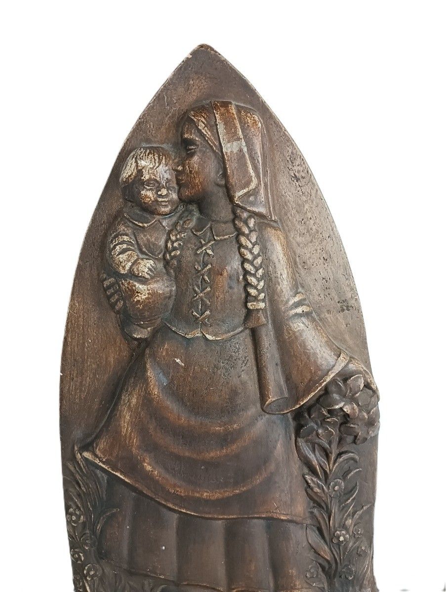 Antique Plaster Standing Hanging Plaque Statue Virgin Mary Madonna With Infant photo for sale