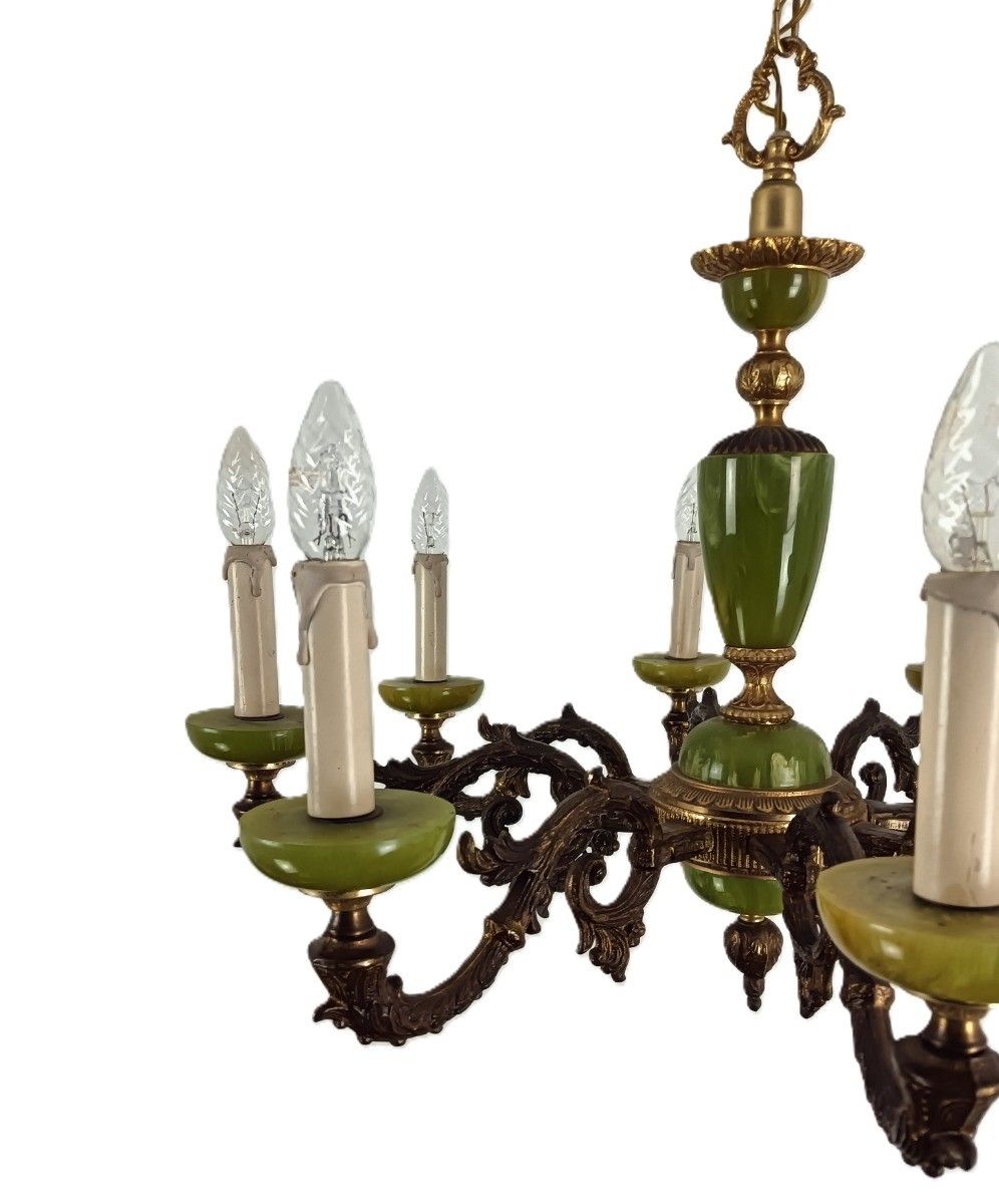 671.0 Chandelier 8 Arms Lights Hollywood Regency Brass Faux Marble Resi  Vintage photo