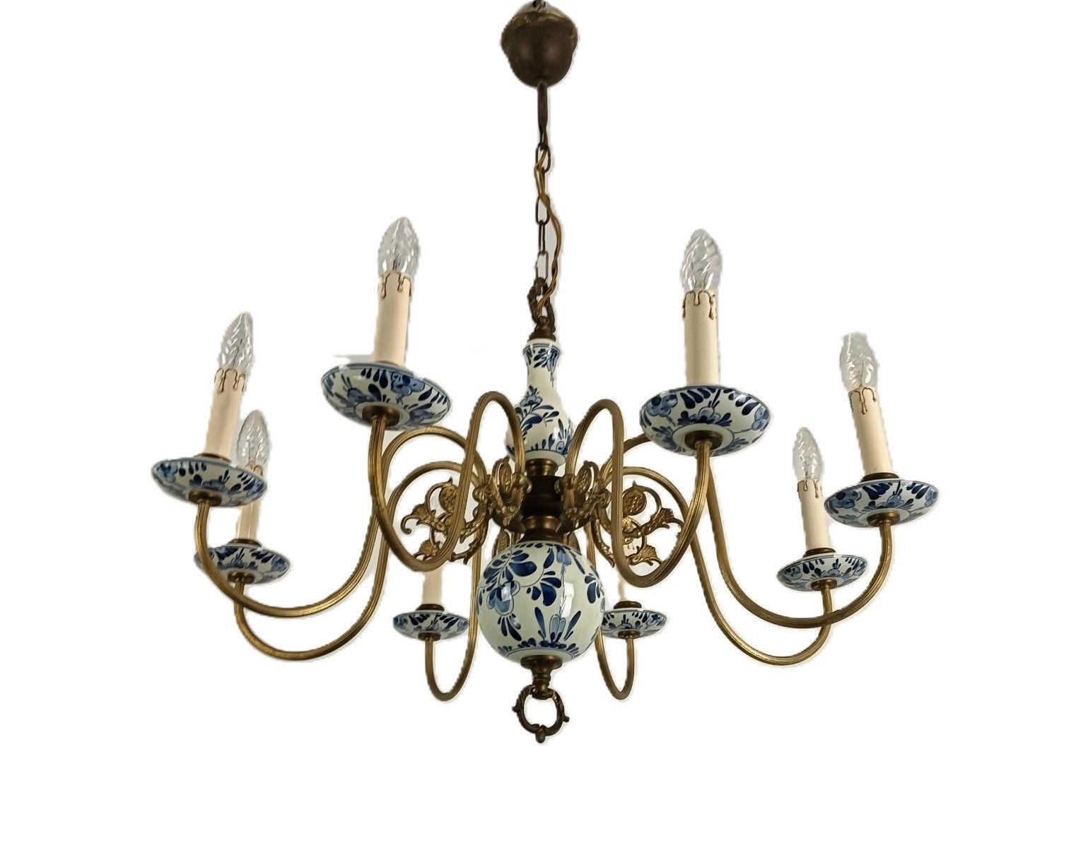 Dutch Delft Blue White Chandelier Porcelain Ornate Brass 8 Lights Arms Vintage F