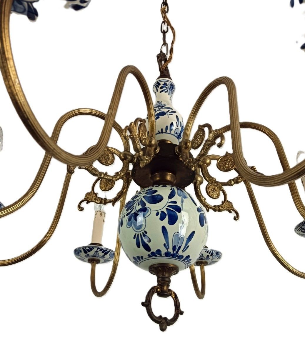 Dutch Delft Blue White Chandelier Porcelain Ornate Brass 8 Lights Arms Vintage F photo vinterior