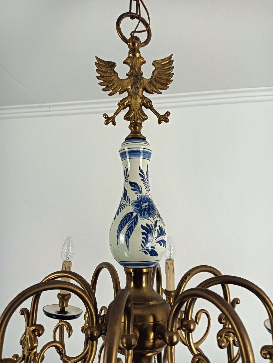 Vintage Dutch Delft Blue White Chandelier Porcelain Ornate Brass 8 Lights Arms photo vinterior