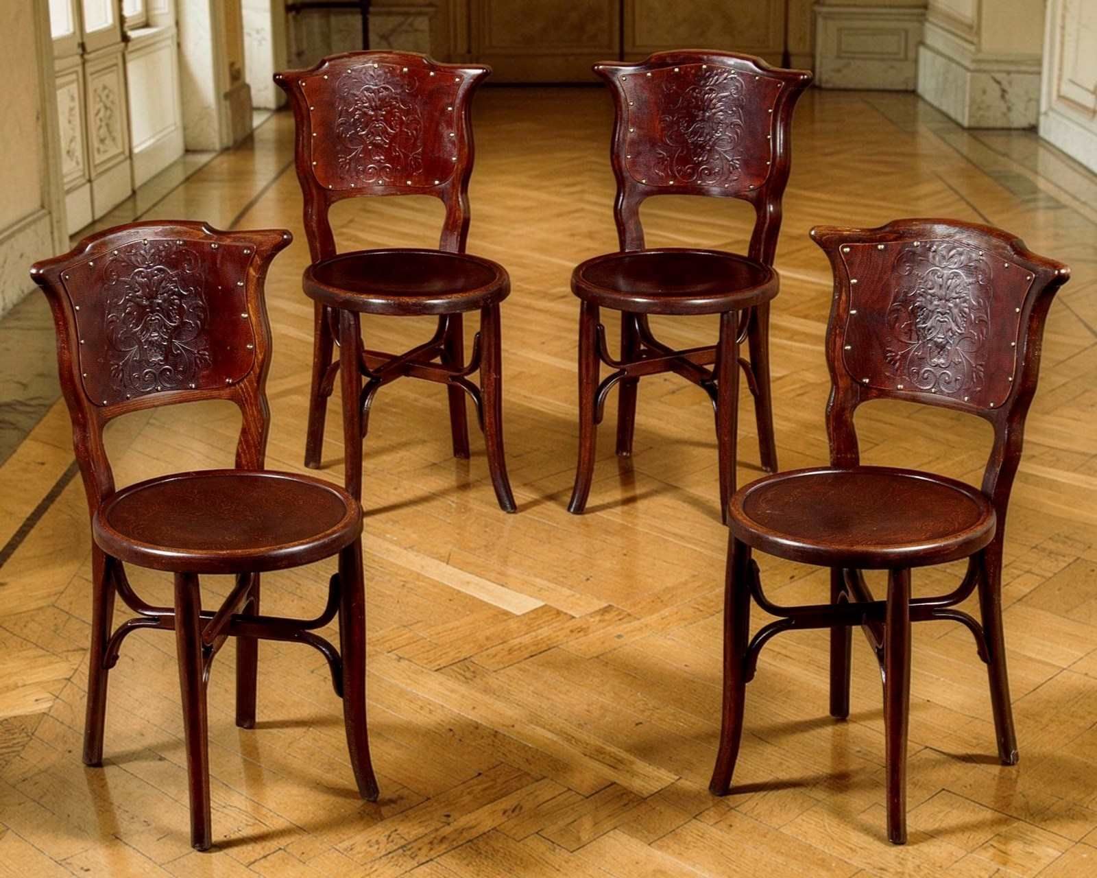 Rare Set Of Four Embossed Thonet Or J & J Kohn Bentwood Chairs, Circa 1900