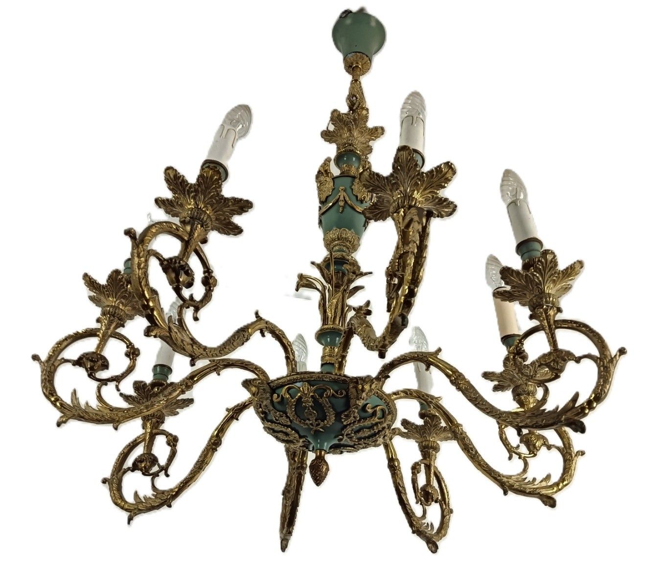 Vintage French Empire Chandelier Bronze 8 Arm Green Gold Impressive photo vintage
