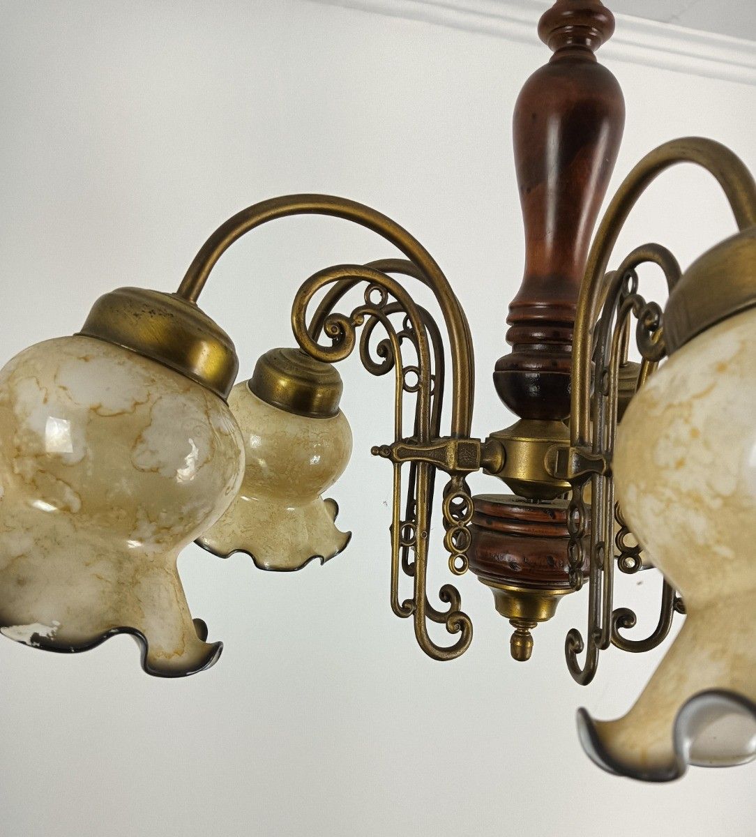 Vintage Chandelier 5 Arm Lights Wood Art Glass Tulip Shades photo Lighting