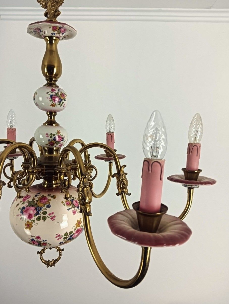 Chandelier Italy Pink Flowers Porcelain 6 Lights Arm Vintage  Brass Farmhouse photo vinterior