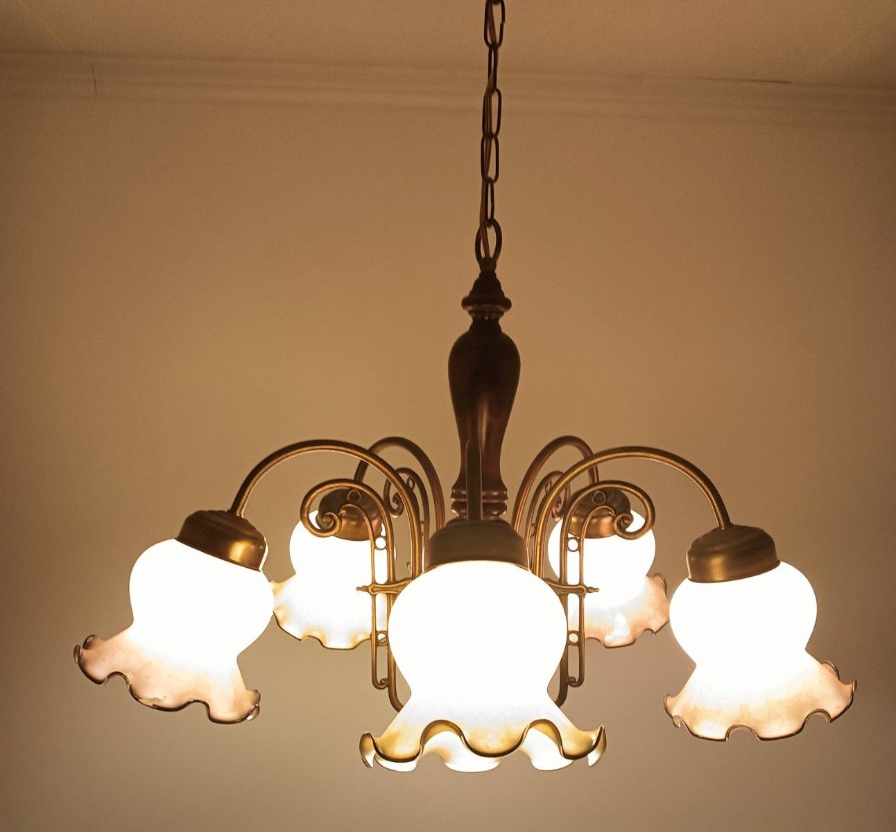 Vintage Chandelier 5 Arm Lights Wood Art Glass Tulip Shades photo buy