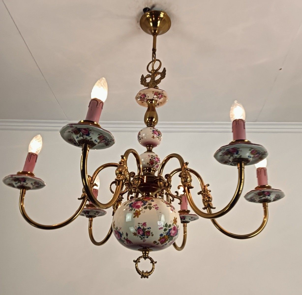 Chandelier Italy Pink Flowers Porcelain 6 Lights Arm Vintage  Brass Farmhouse photo vintage