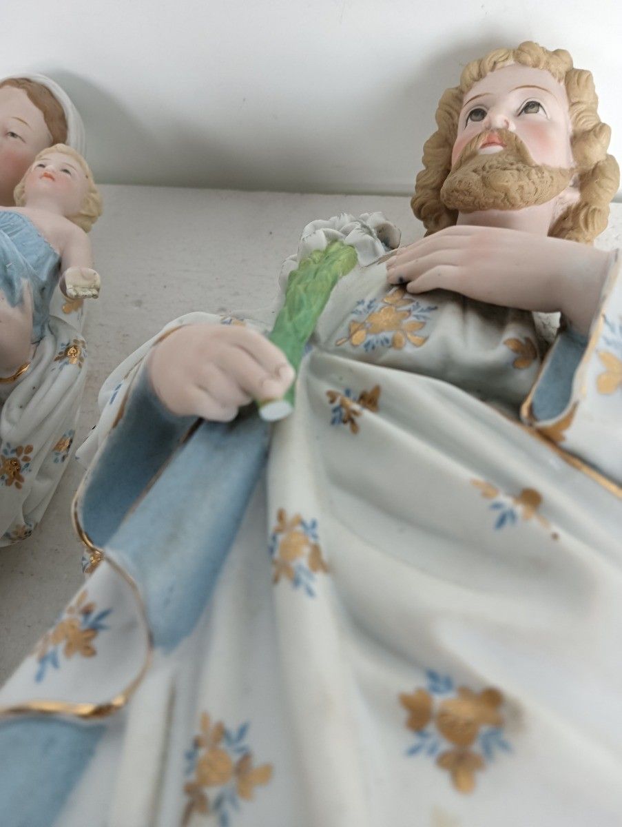 photo vinterior French Antique Bisque Statues Virgin Mary  Infant Jesus Joseph  Pair Stunning La