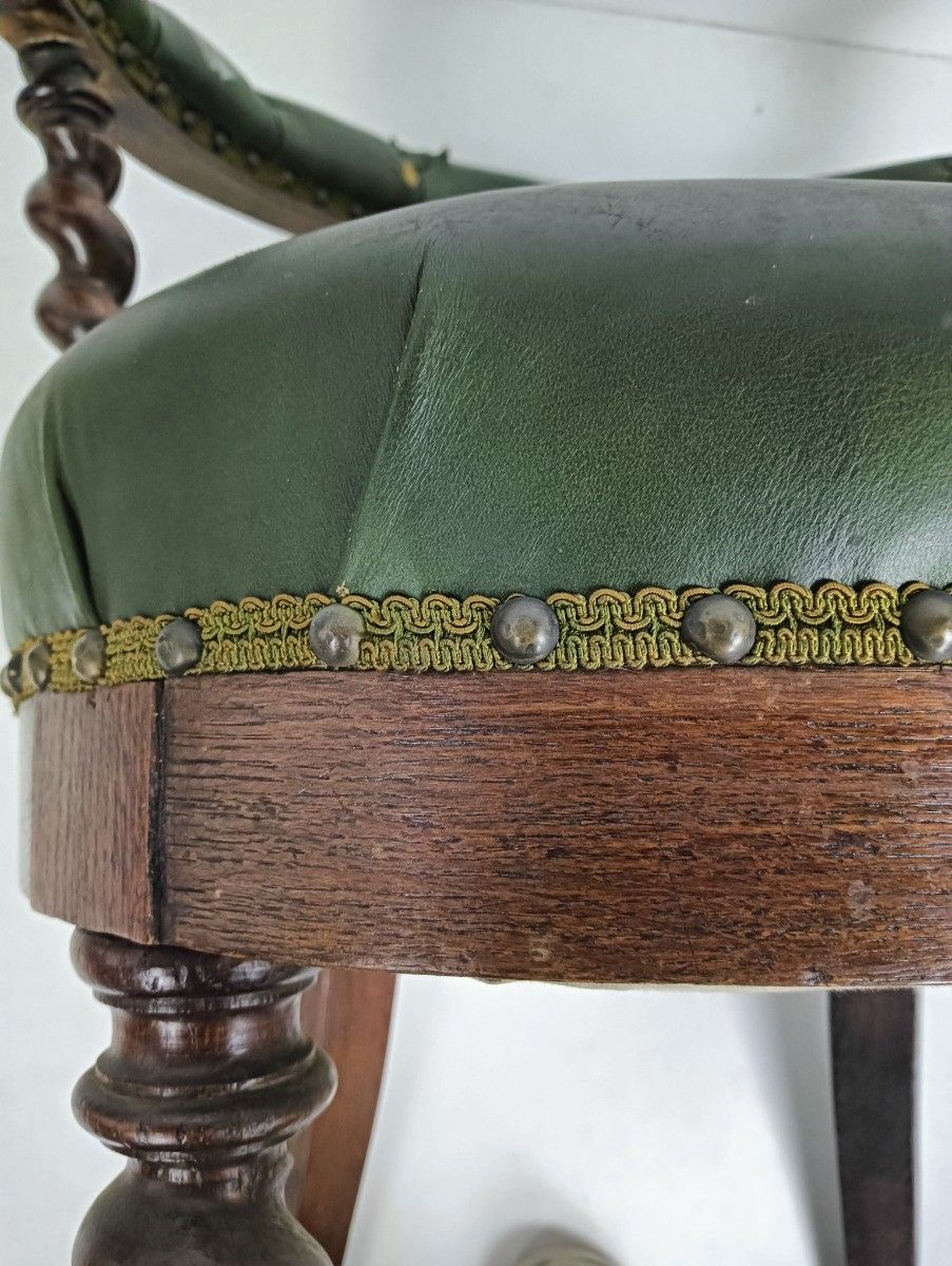 806.0 Antique Barley Twist Hand Carved Wood Chair Leather Seating Ornate Lion Heads  1 photo