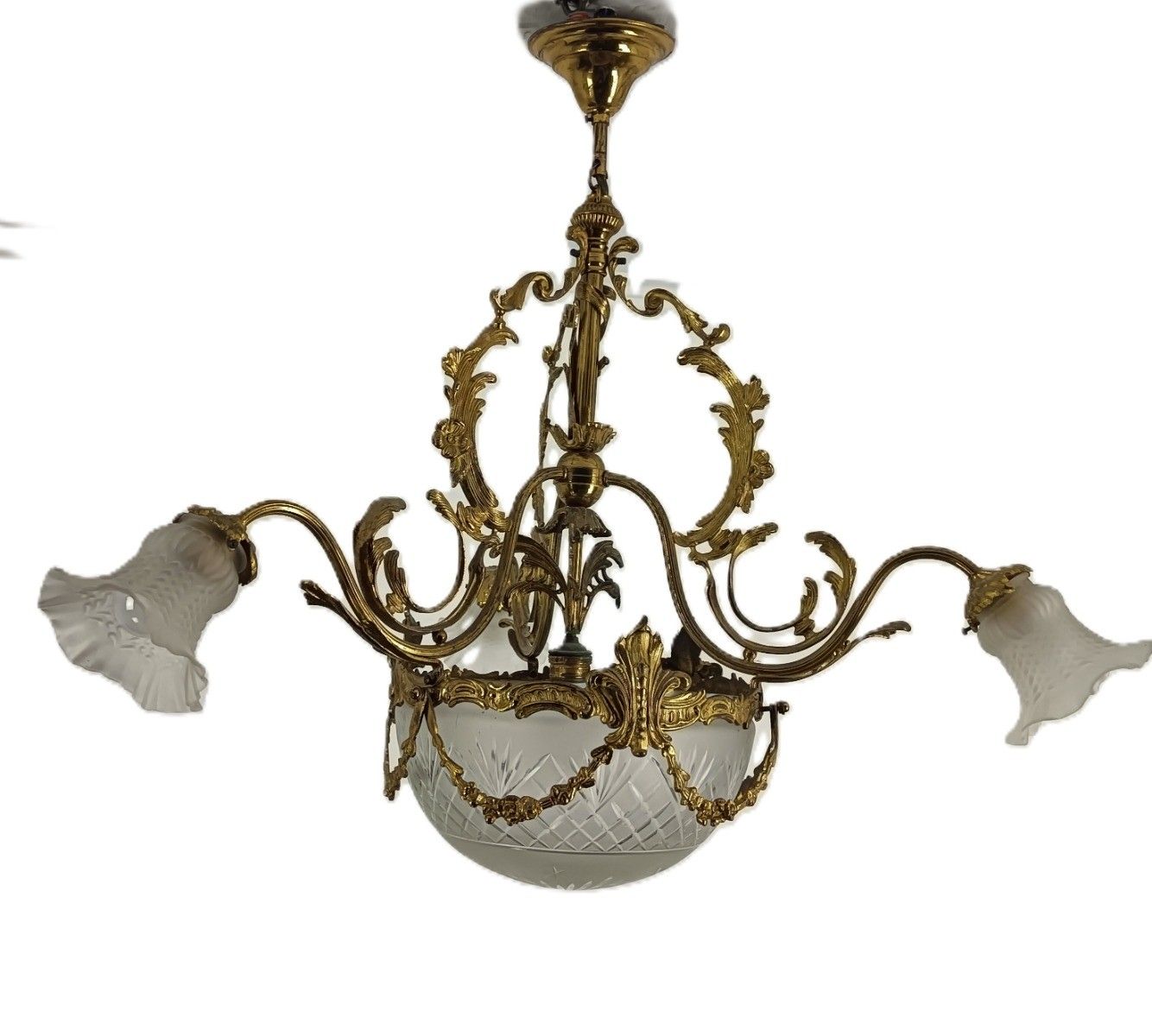 Art Deco Chandelier Antique Etched Glass Brass Tulip Shades  4 Lights Guirlandes