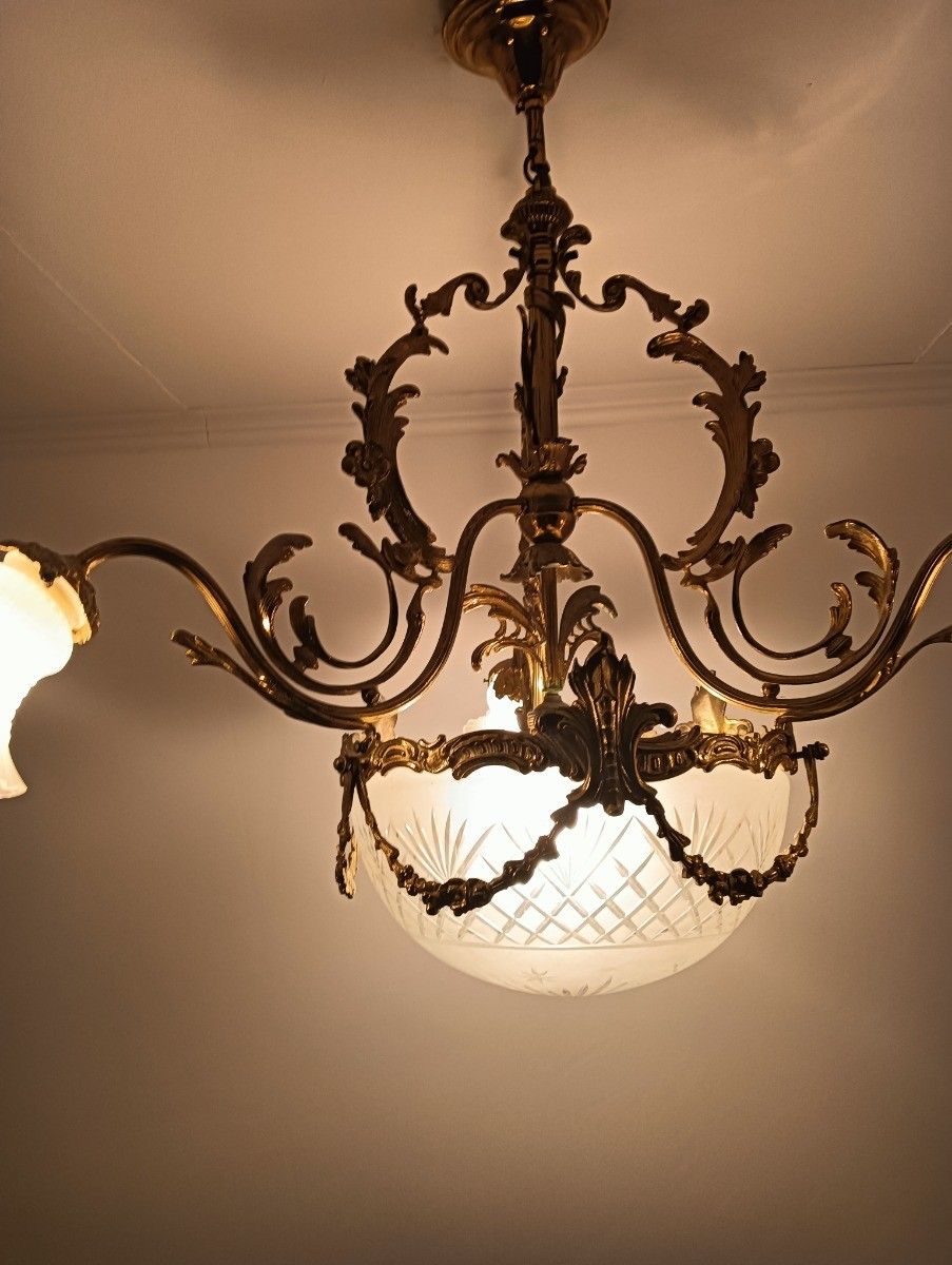 Lighting Art Deco Chandelier Antique Etched Glass Brass Tulip Shades  4 Lights Guirlandes photo
