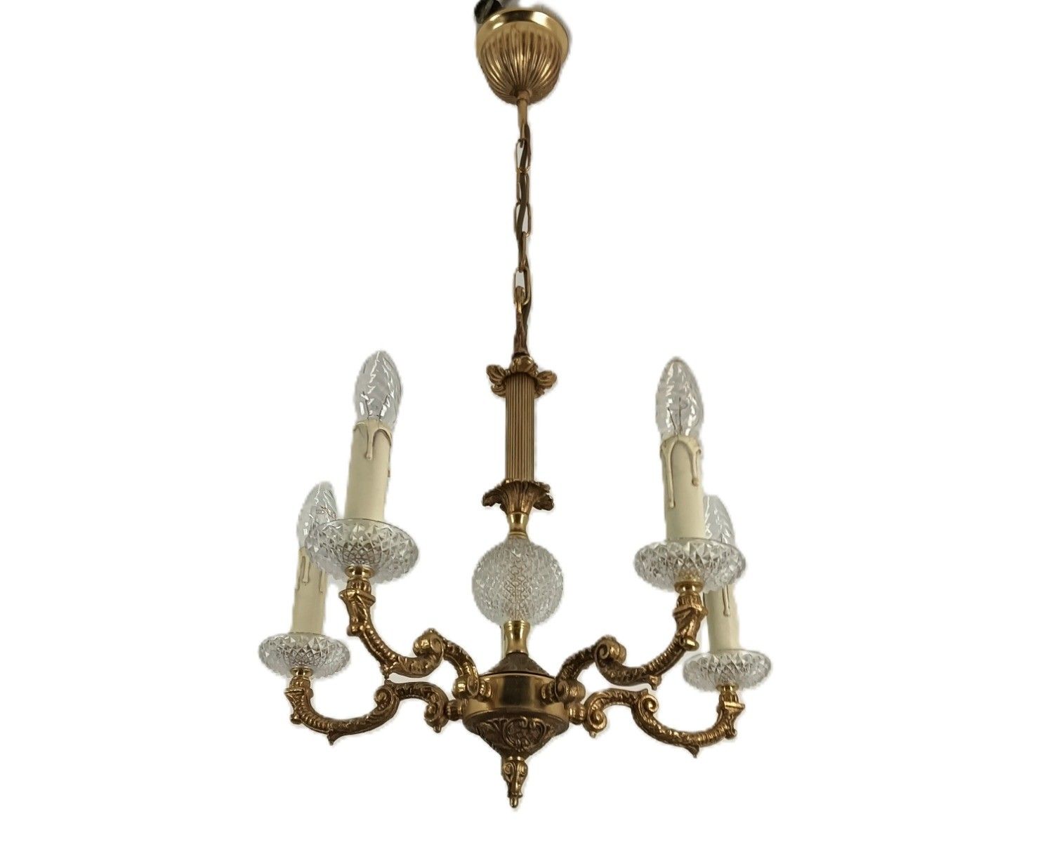 French Empire Style Chandelier Brass Crystal 5 Arms Lights Vintage