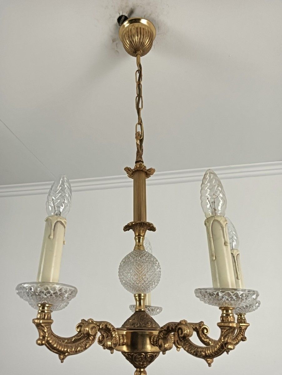 French Empire Style Chandelier Brass Crystal 5 Arms Lights Vintage photo vinterior