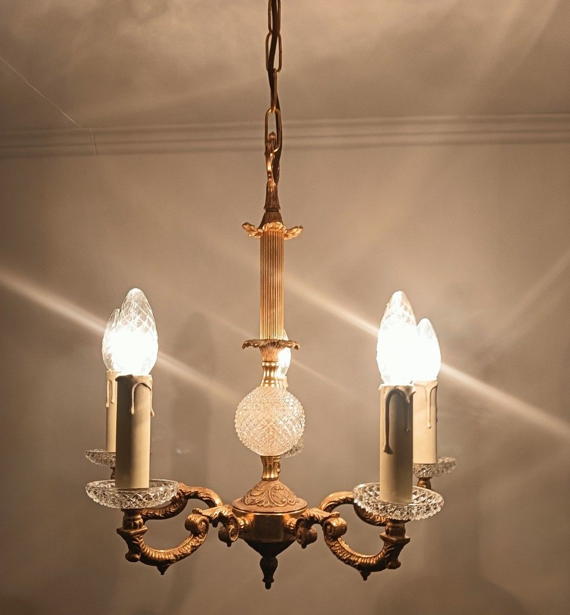 French Empire Style Chandelier Brass Crystal 5 Arms Lights Vintage photo vintage