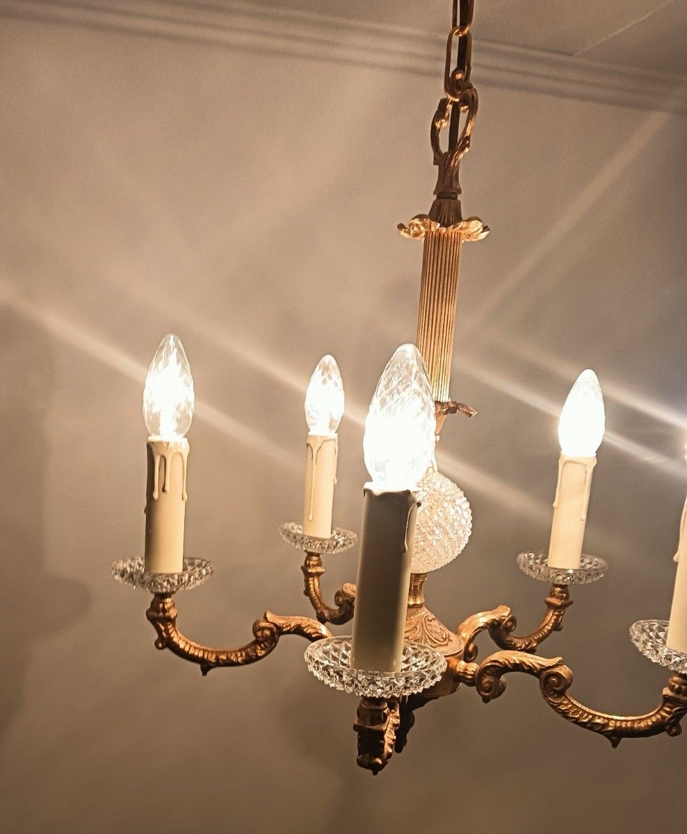 photo furniture French Empire Style Chandelier Brass Crystal 5 Arms Lights Vintage