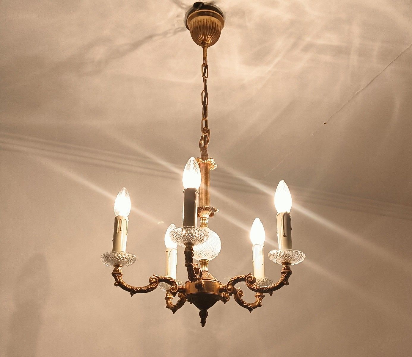 photo for sale French Empire Style Chandelier Brass Crystal 5 Arms Lights Vintage