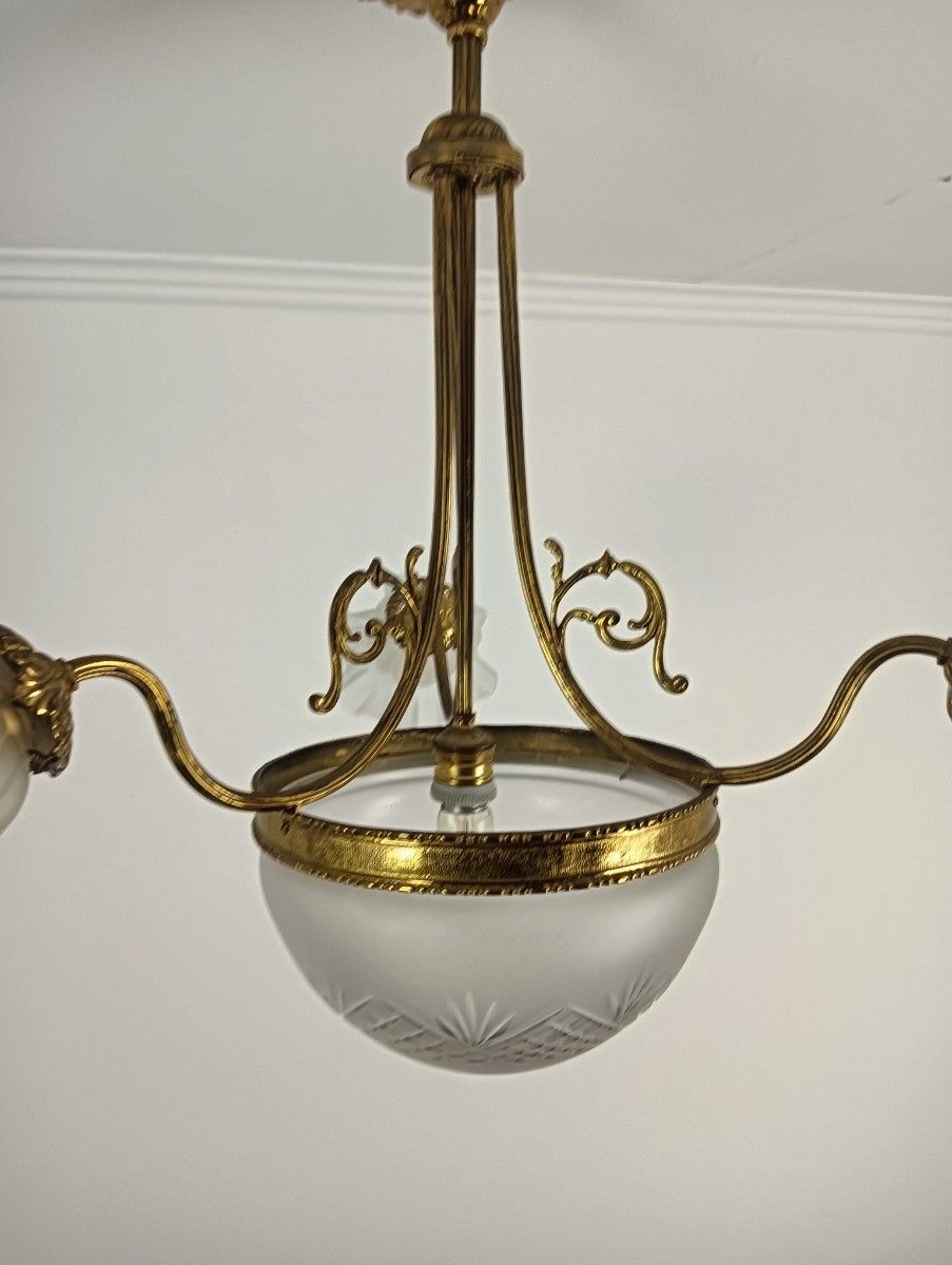 Art Deco Antique Chandelier 4 Lights 3 Arm Decorative Etched Glass French Empire photo for sale